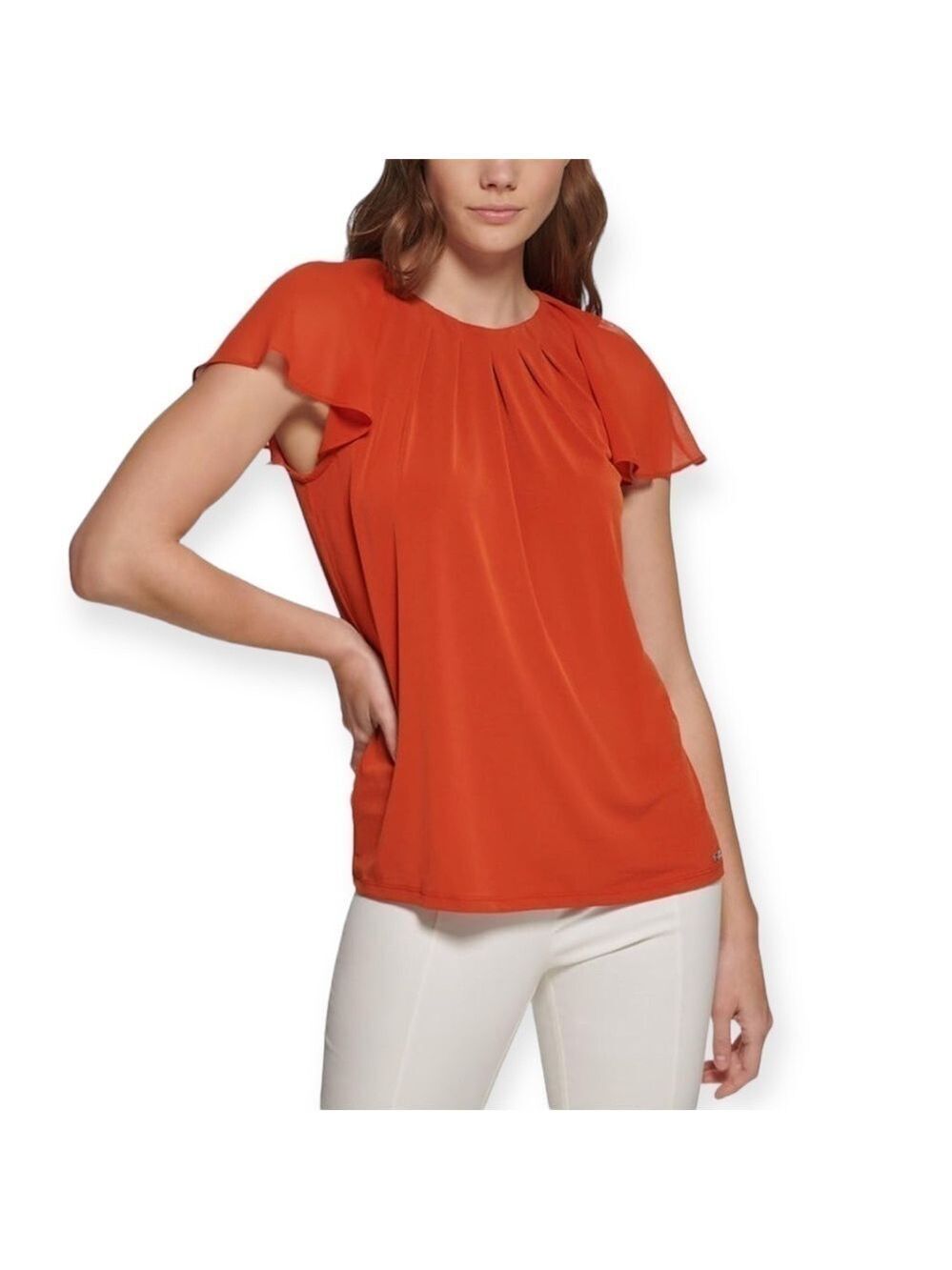 Calvin Klein Pleaded Sheer Flutter Short Sleeve Blouse Top Size M - Picture 1 of 12